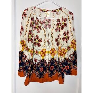Fig and Flower Boho Floral Print Long Sleeve Tunic Top Women's Size L